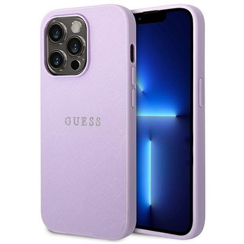 Guess Saffiano Metal Logo Stripes - Etui iPhone 14 Pro Max (liliowy)