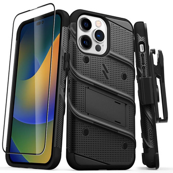 ZIZO BOLT Series - Armored iPhone 14 Pro Max case with 9H glass for screen + holder with stand (black)