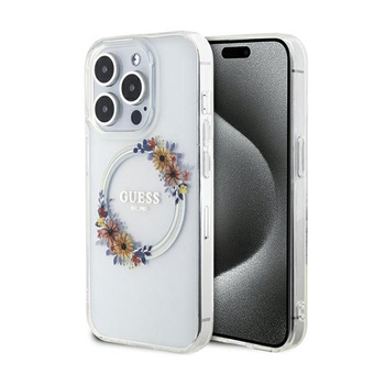 Guess IML Flowers Wreath MagSafe - pouzdro pro iPhone 15 Pro (průhledné)