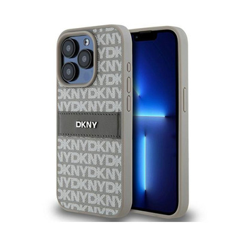 DKNY Bőr mono csíkos és fém logóval - iPhone 15 Pro tok (bézs)