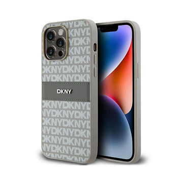 DKNY Bőr mono csíkos és fém logóval - iPhone 14 Pro Max tok (bézs)