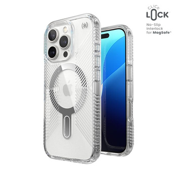 Speck Presidio Perfect-Clear Grip ClickLock & MagSafe - iPhone 16 Pro Case (Clear / Chrome Finish / Serene Silver)