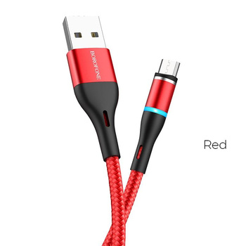 Borofone - Kabel USB-A na microUSB s magnetickou koncovkou a podsvícením, 1,2 m (červený)