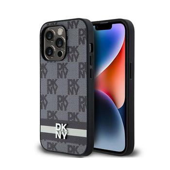 Kožené pouzdro DKNY s kostkovaným jednobarevným vzorem a tištěnými pruhy - iPhone 14 Pro (černé)