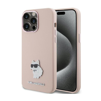 Karl Lagerfeld Silikonový kovový špendlík Choupette - pouzdro na iPhone 15 Pro (růžové)