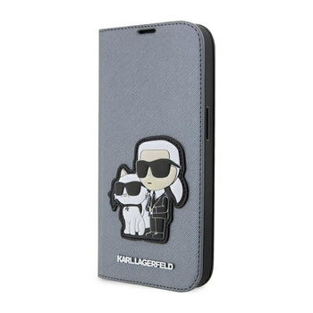 Karl Lagerfeld Booktype NFT Saffiano Karl & Choupette - pouzdro pro iPhone 14 Pro (stříbrné)