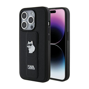 Karl Lagerfeld Gripstand Saffiano Choupette Pins - pouzdro na iPhone 15 Pro Max (černé)