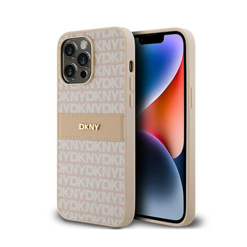 Kožené pouzdro DKNY Mono Stripe & Metal Logo - iPhone 14 Pro (růžové)