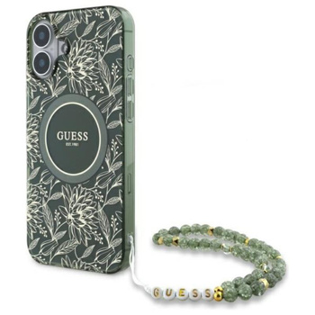 Guess IML Flowers Allover Electro With Pearl Strap MagSafe - pouzdro pro iPhone 16 Plus (zelené)