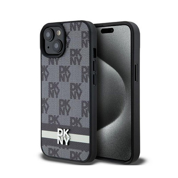 DKNY Leather Checkered Mono Pattern & Printed Stripes - iPhone 14 / 15 / 13 Case (black)