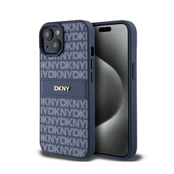 DKNY Bőr mono csíkos és fém logóval - iPhone 15 / 14 / 13 tok (kék)