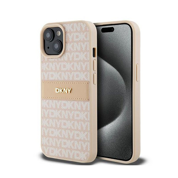 DKNY bőr egyszínű csíkos és fém logóval - iPhone 15 Plus / 14 Plus tok (rózsaszín)