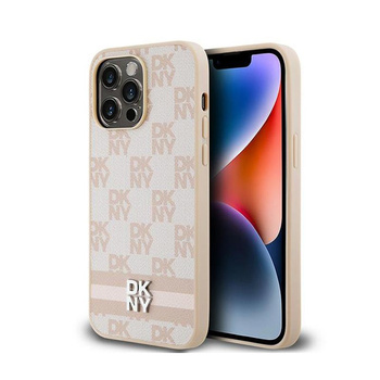 Kožené pouzdro DKNY s kostkovaným jednobarevným vzorem a tištěnými pruhy - iPhone 14 Pro Max (růžové)