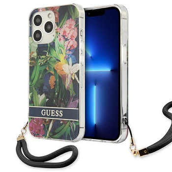 Guess Flower Cord - Tasche mit Schlüsselband iPhone 13 Pro Max (Blau)