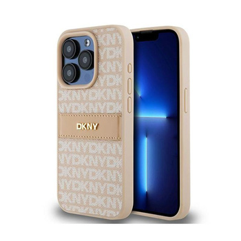 Kožené pouzdro DKNY Mono Stripe & Metal Logo - iPhone 15 Pro (růžové)