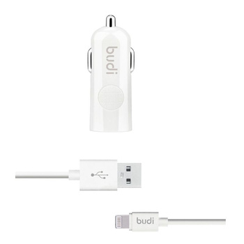 Budi - USB autós töltő + Lightning kábel (fehér)