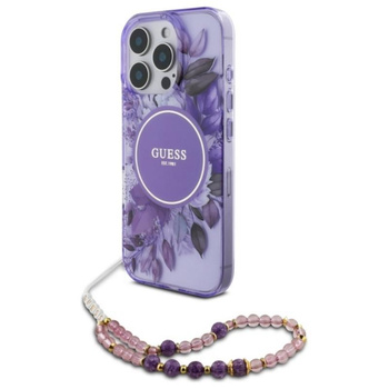 Guess IML Flowers With Pearl Strap MagSafe Case - iPhone 16 Pro Max Case (violet)