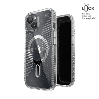 Speck Presidio Lux Grip ClickLock & Magsafe - Coque pour iPhone 15 (Transparente / Finition chromée / Argent Serein)