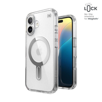 Speck Presidio Perfect-Clear ClickLock & MagSafe - iPhone 16 Fall (Klar / Chrom-Finish / Serene Silber)