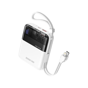 WEKOME WP-309 Vanguard Series - Powerbank 10000 mAh Super Charging mit integriertem USB-C & Lightning PD 20W + QC 22.5W Kabel (Weiß / Transparent)