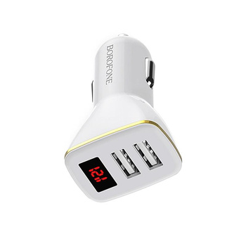 Borofone - 2x USB autós töltő LED kijelzővel, fehér színben