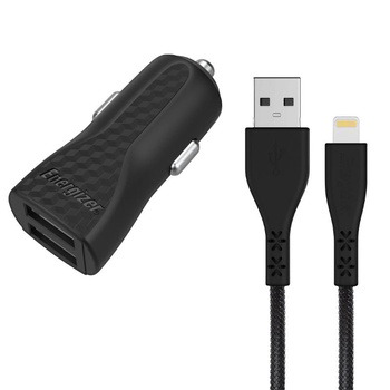 Energizer HardCase - Nabíječka do auta 2x USB-A 17W 3,4A + kabel Lightning s certifikací MFi (černá)