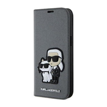 Karl Lagerfeld Booktype NFT Saffiano Karl & Choupette - pouzdro na iPhone 14 (stříbrné)