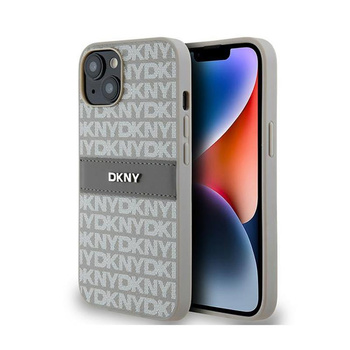 DKNY Bőr mono csíkos és fém logó - iPhone 14 / 15 / 13 tok (bézs)