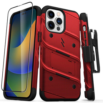 ZIZO BOLT Series - Armored iPhone 14 Pro Max case with 9H glass for screen + holder with stand (red)