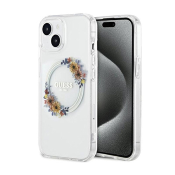 Guess IML Flowers Wreath MagSafe - pouzdro pro iPhone 15 (průhledné)