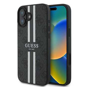 Guess 4G Étui MagSafe à rayures imprimées pour iPhone 16 Plus (noir)