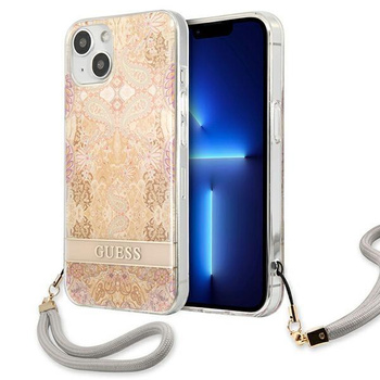 Guess Flower Cord - Tasche mit Schlüsselband iPhone 13 mini (Gold)