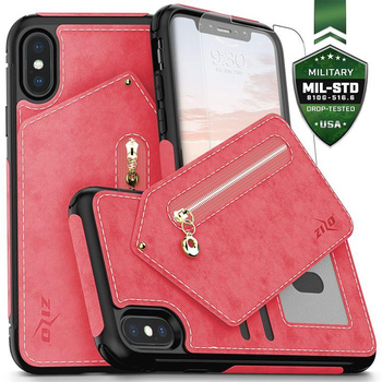 Zizo Nebula Wallet Case - Leather iPhone X case with card pockets + zippered pouch + 9H glass for screen (Pink/Black)