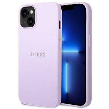 Guess Saffiano Metal Logo Stripes - Etui iPhone 14 Plus (liliowy)