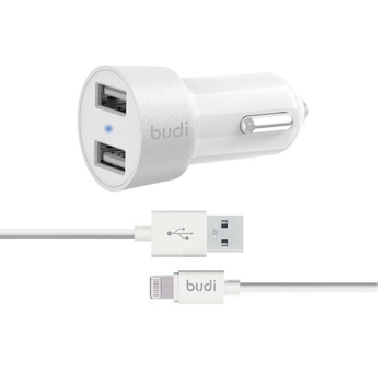 Budi - Autótöltő 2x USB, 24W + Lightning kábel 1,2 m (fehér)