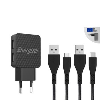 Energizer HardCase - Chargeur secteur 2x USB-A 12W + câble USB-C & Micro USB (Noir)