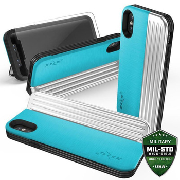 Zizo Retro Series - Etui iPhone Xs / X z kieszenią na karty + podstawka + szkło 9H na ekran (Baby Blue/Silver)