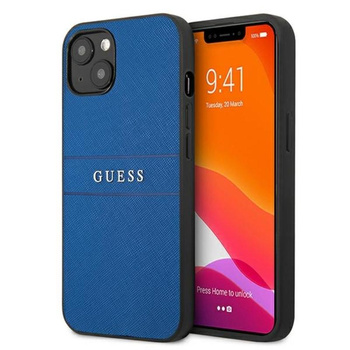 Guess Saffiano Metal Logo Stripes - étui pour iPhone 13 mini (bleu)