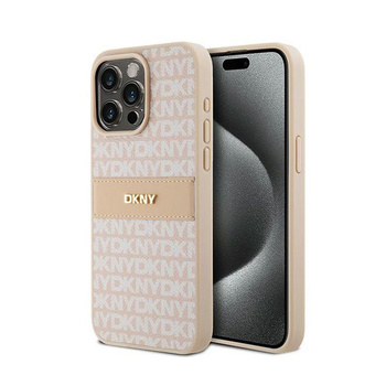 DKNY bőr egyszínű csíkos és fém logóval - iPhone 15 Pro Max tok (rózsaszín)